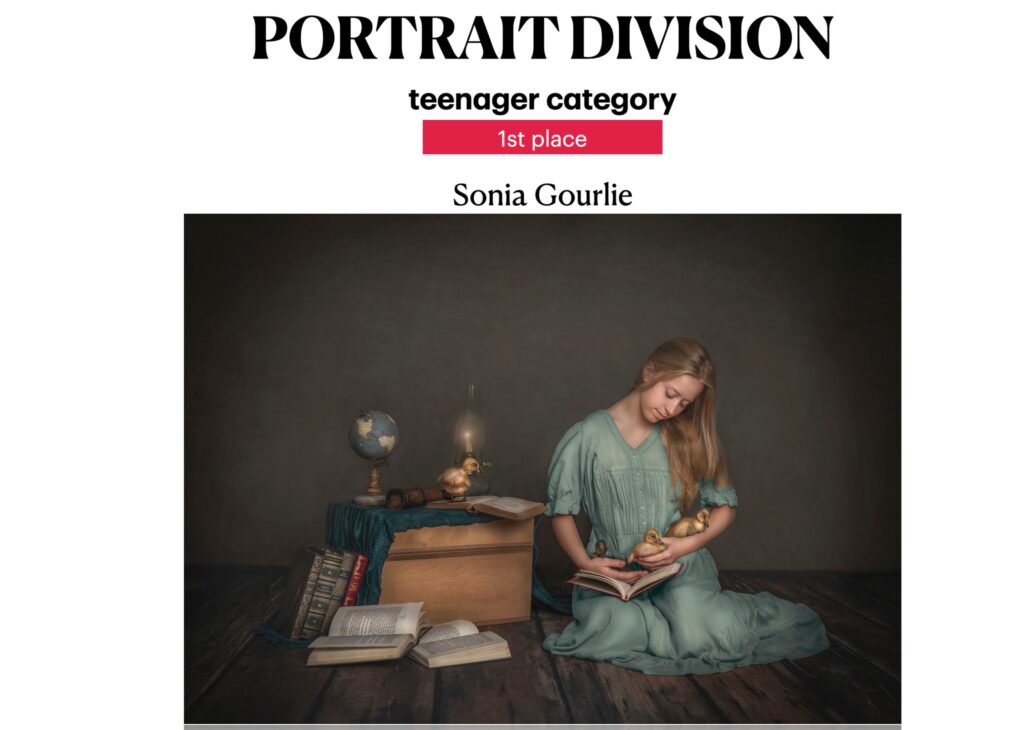 Girl reading with her ducks taken at Sonia Gourlie Fine art Portrait studio 