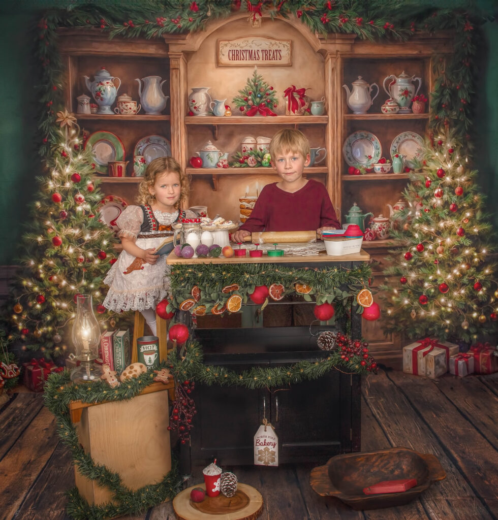 Children engaged in baking activities for magical Christmas baking portraits in Ottawa
