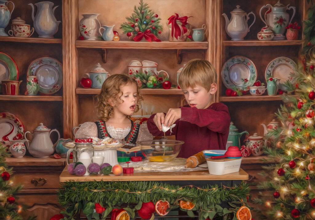 A heartwarming family portrait set against a whimsical holiday backdrop, showcasing smiles and festive attire during the Christmas baking session.