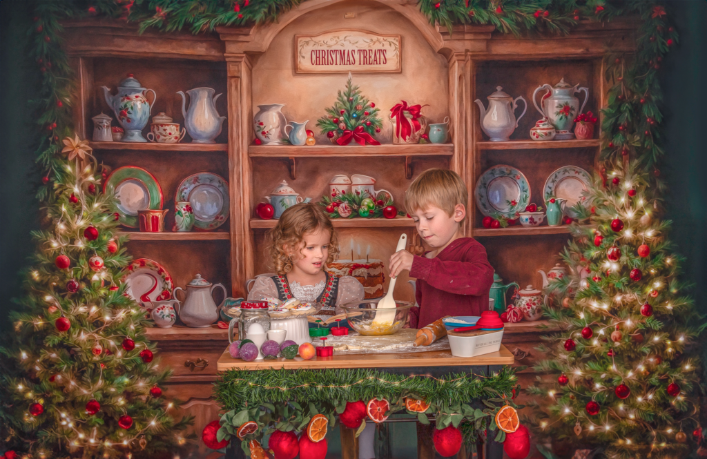 Children engaged in baking activities for magical Christmas baking portraits in Ottawa