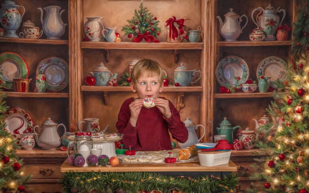 Festive Backdrop
A beautifully decorated holiday scene featuring twinkling lights, garlands, and festive ornaments, creating a magical atmosphere for family portraits.
