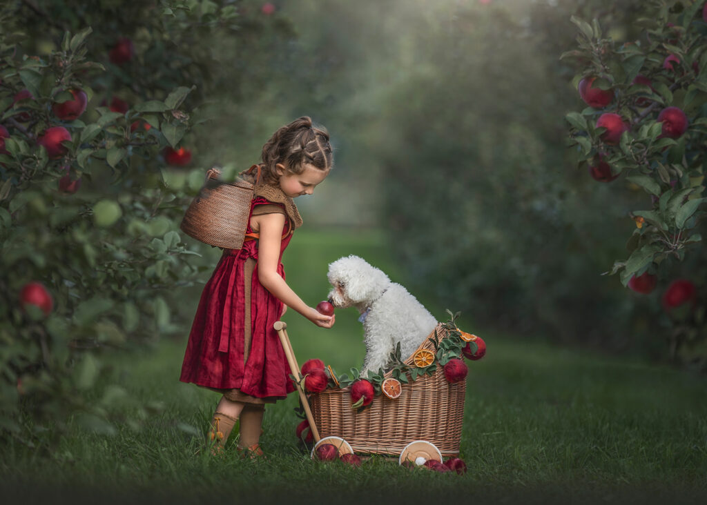 Little girl feeding her puppy an apple in an orchard: “A little girl feeding her puppy an apple in a beautiful apple orchard in Ottawa, Ontario, captured by Sonia Gourlie Fine Art Photography. The scene captures a heartwarming moment of connection between the child and her pet, surrounded by lush apple trees and vibrant greenery, perfect for the best photoshoot timings, especially during golden hour.”