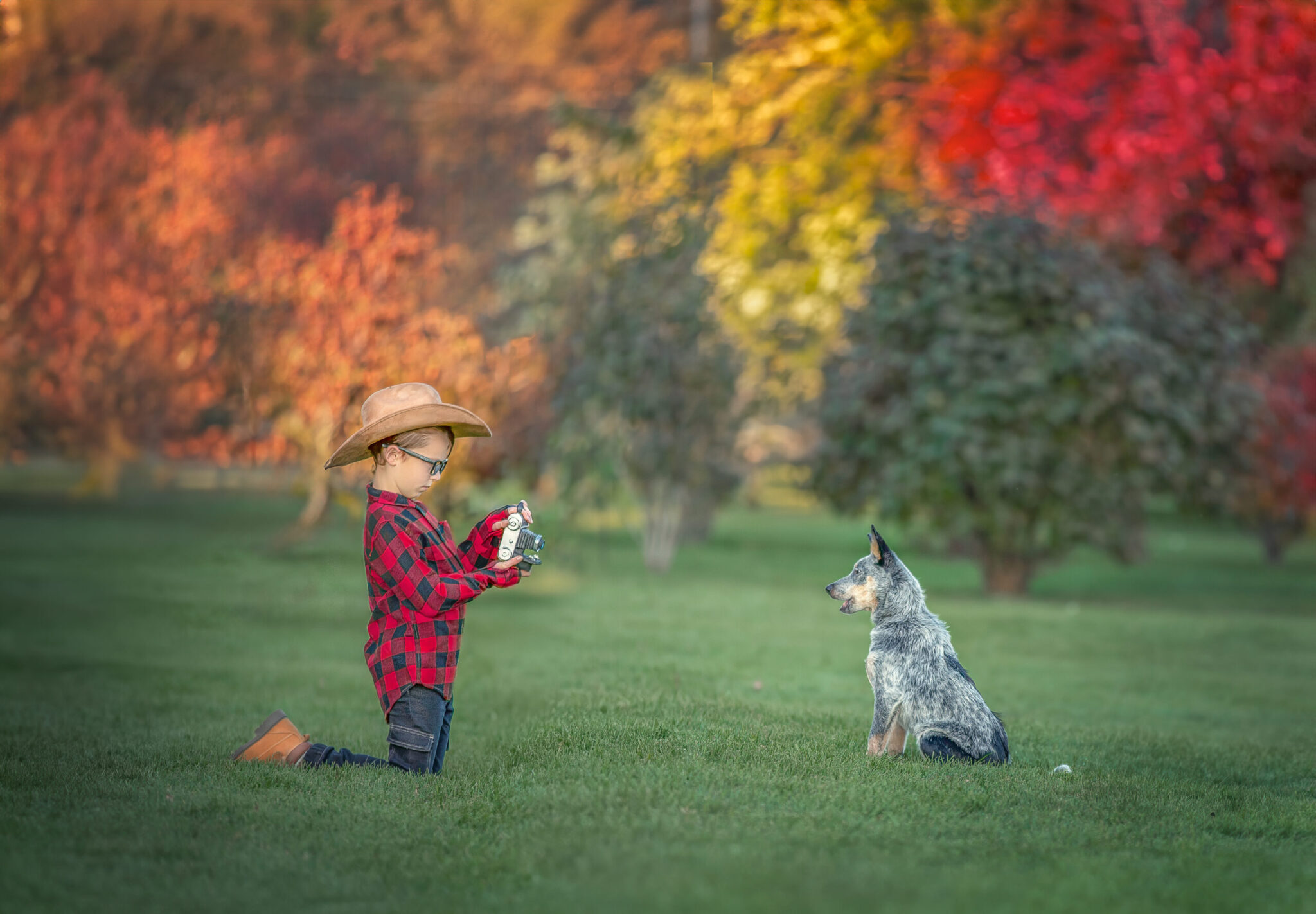 A little boy in a cowboy hat taking a photo of his dog with a vintage camera outdoors in Ottawa, Ontario, during the fall. Surrounded by vibrant autumn leaves and golden sunlight, this charming moment captures the bond between the boy and his pet, perfect for the best photoshoot timings during the fall season for pet and children photography.”