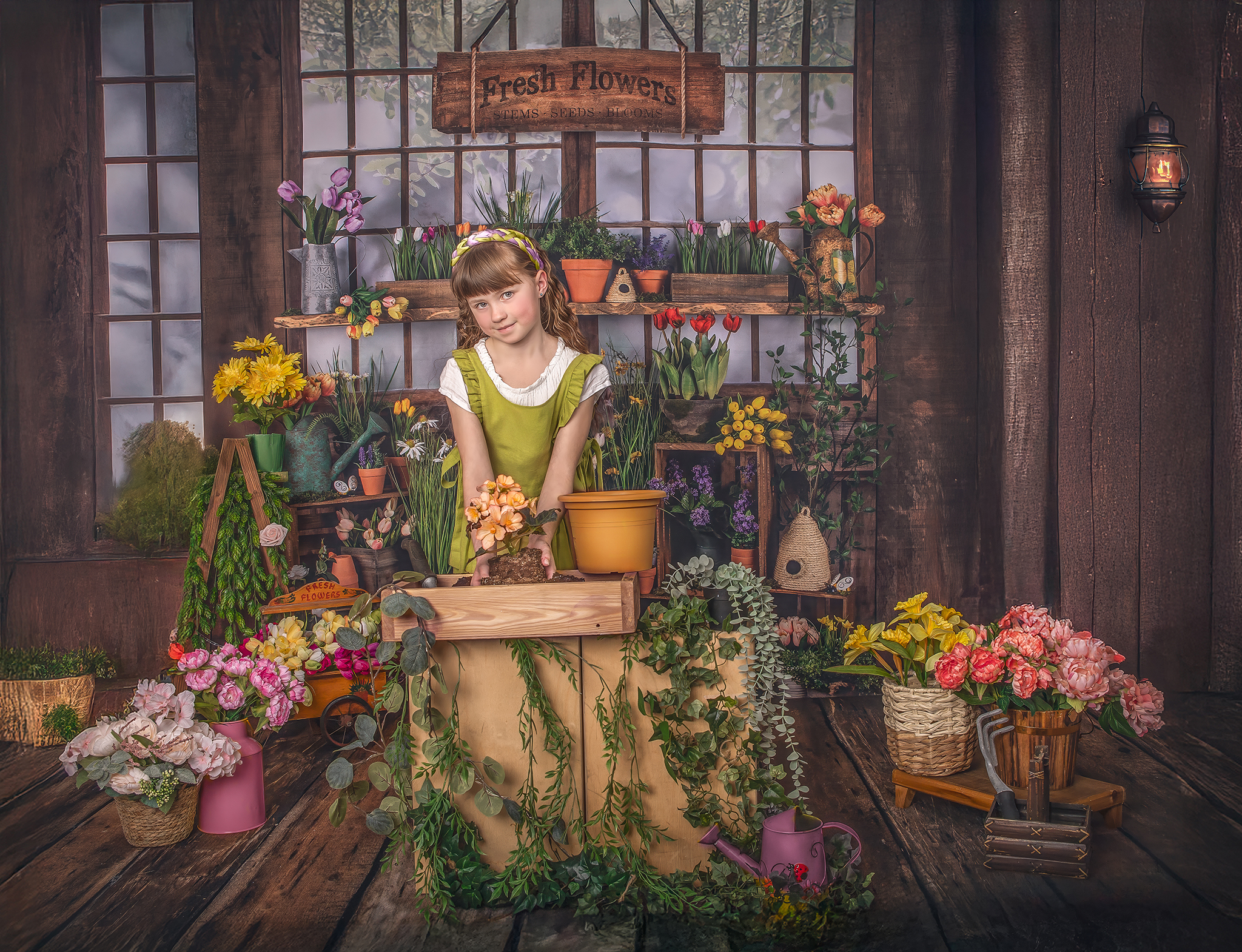Young girl playing with gardening tools and flower props during a playful spring-themed studio photography session in Ottawa