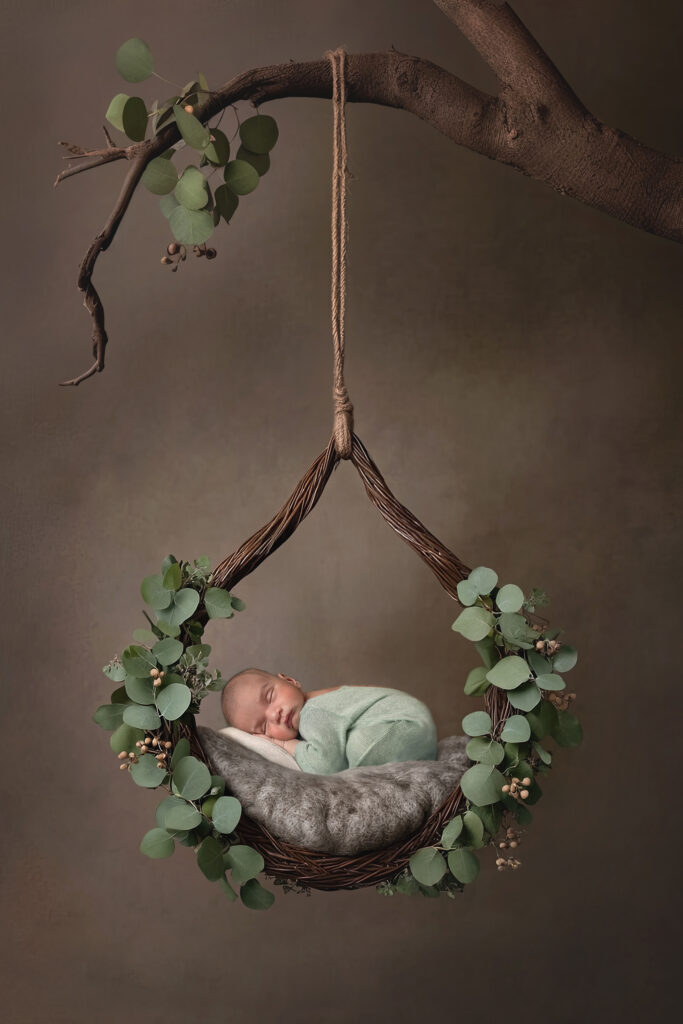 Composite image of baby boy posed in swing for Ottawa newborn photography