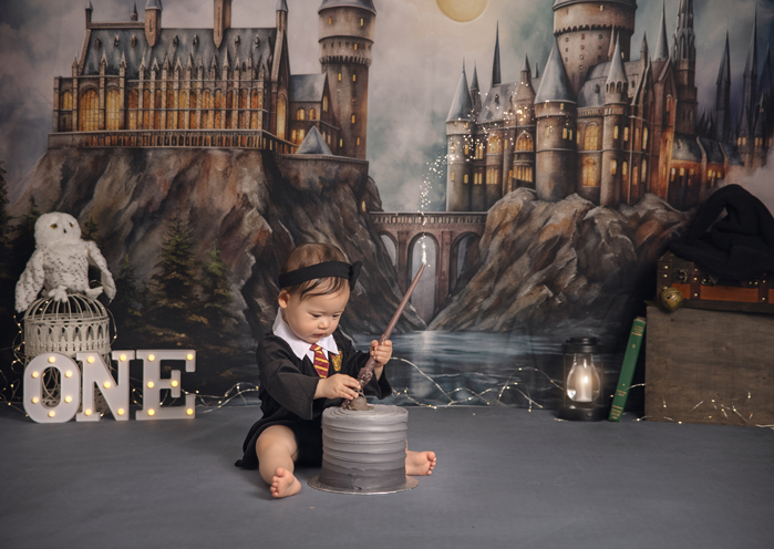 Baby gently touching cake for first birthday cake smash in Ottawa studio
