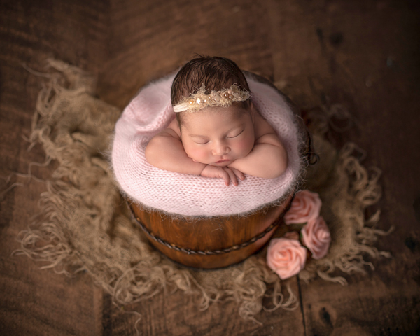 newborn curled up safely in a bucket pose during professional photography session in Ottawa