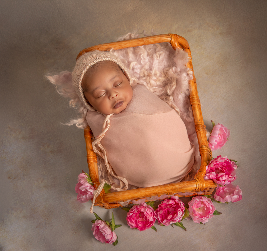 Newborn baby girl curled up in a wooden bed and basket with soft pink and neutral tones, Ottawa newborn photography session.