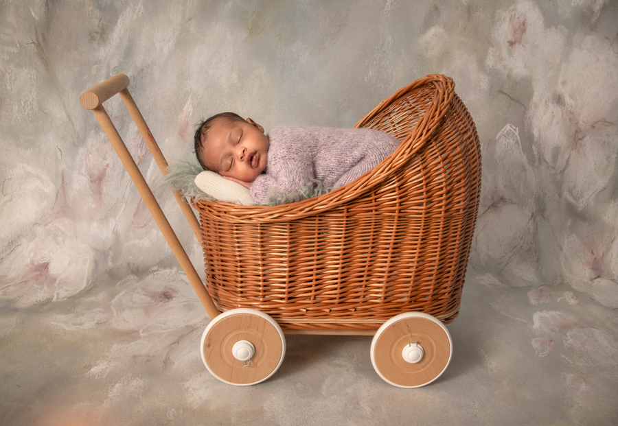 Baby girl in a lavender stroller prop with soft pink touches, captured during Ottawa newborn session.