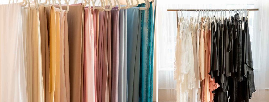 Selection of flowing maternity fabrics and draping materials available in Ottawa maternity photography studio